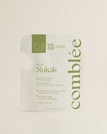 Recharge éco-responsable du sérum antioxydant Nukak pour peau sensible, pensée pour protéger la peau du stress oxydatif dans une routine visage minimaliste et une cosmétique rechargeable plus durable