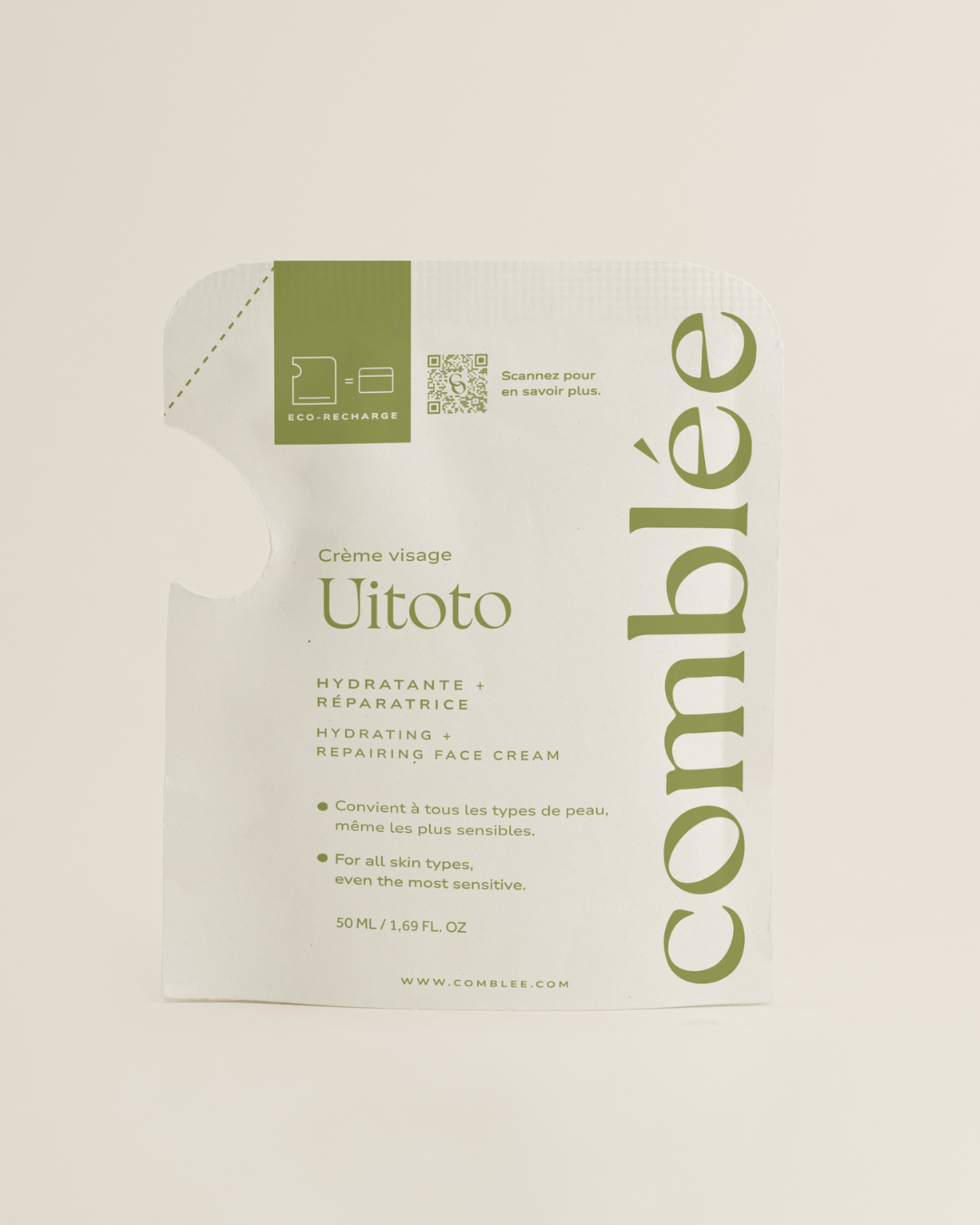 Recharge éco-responsable de la crème hydratante et réparatrice Uitoto pour peau sensible, déshydratée et réactive, pensée pour une routine visage minimaliste et une cosmétique rechargeable plus durable